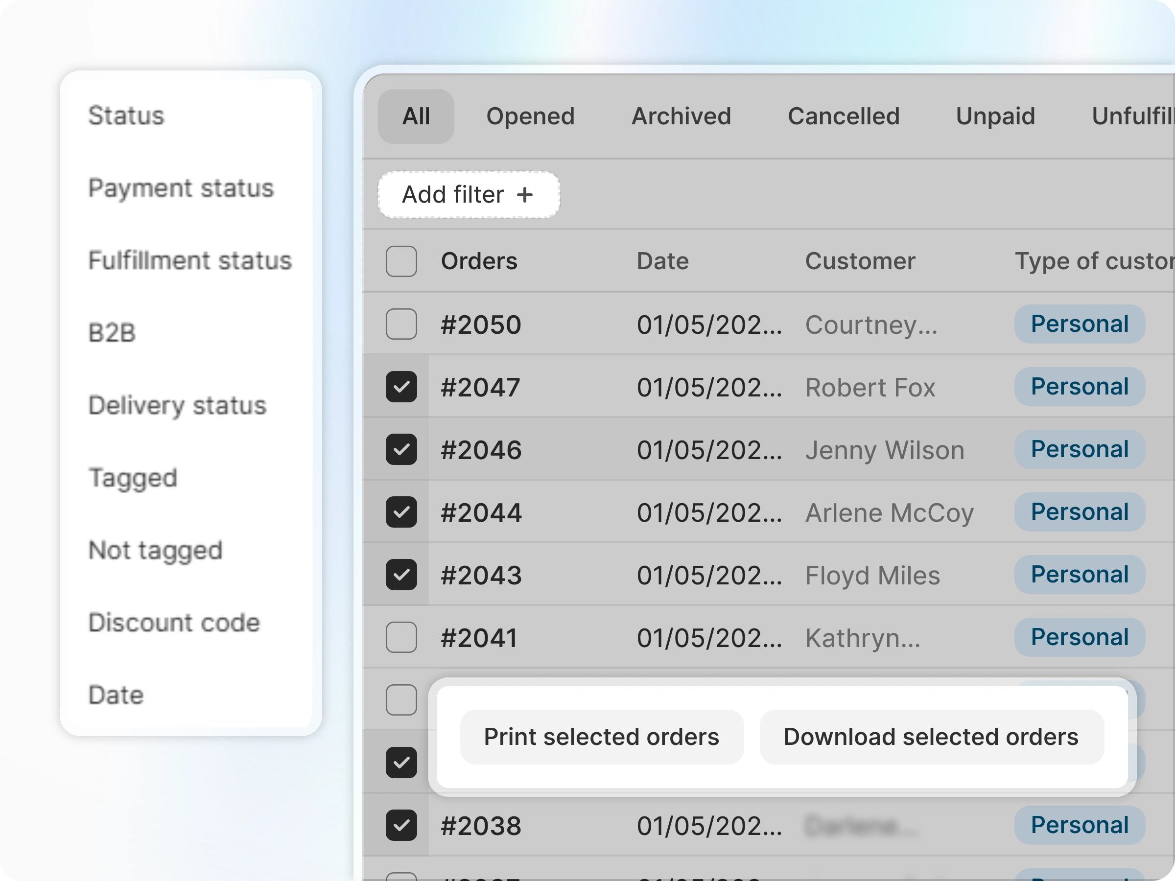 Bulk export interface with date range picker and order filters
