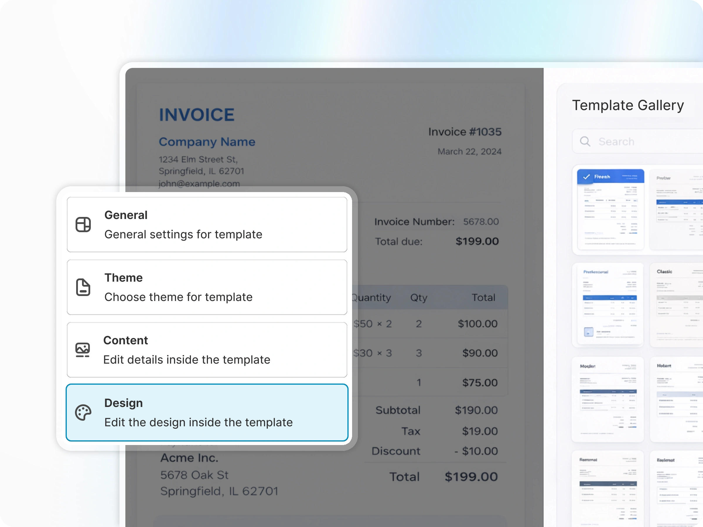 Template editor with logo upload, color picker, and live invoice preview